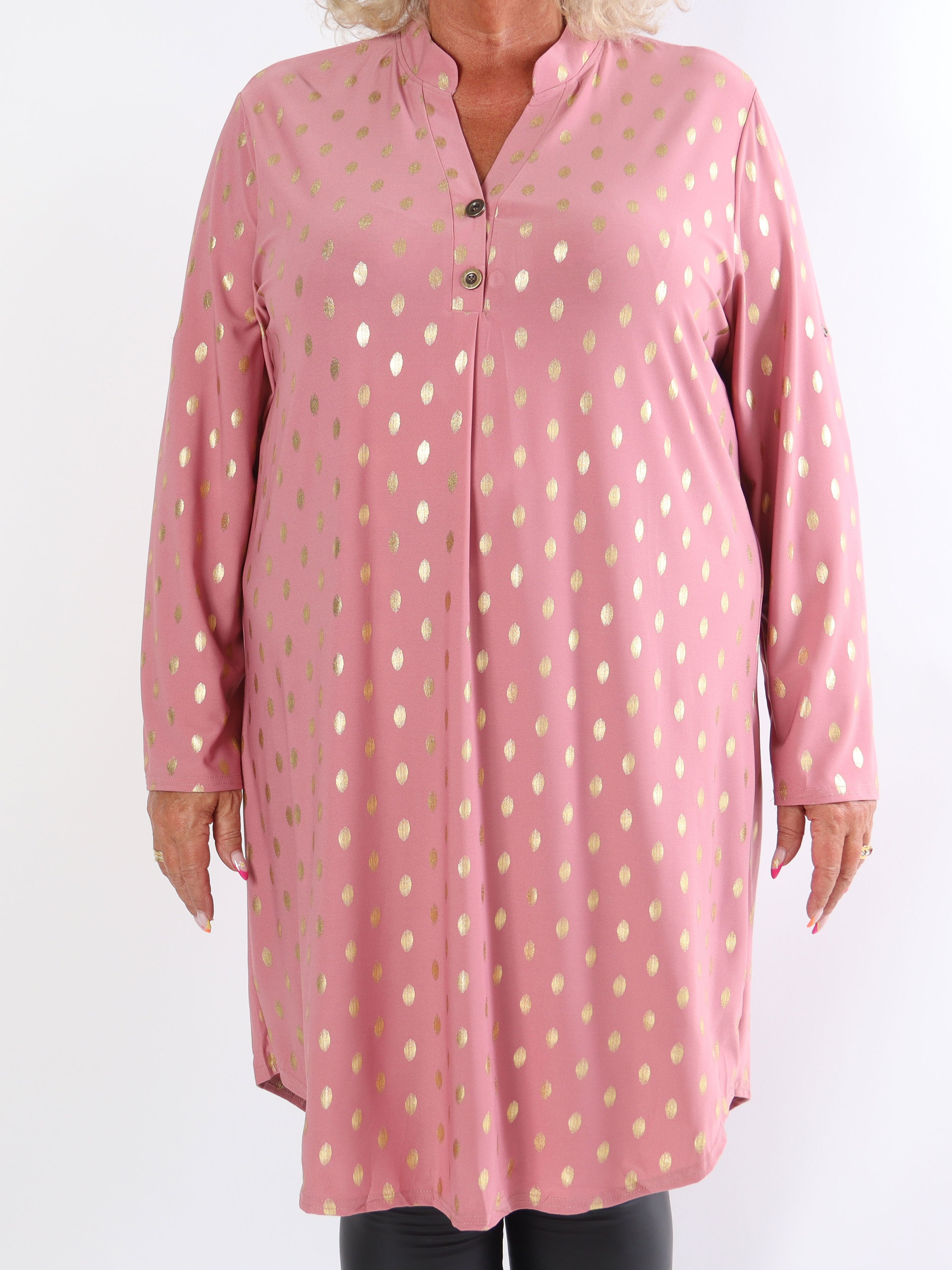 Ebba Gold Long - Elastisk plus size-klänning med guldprickar